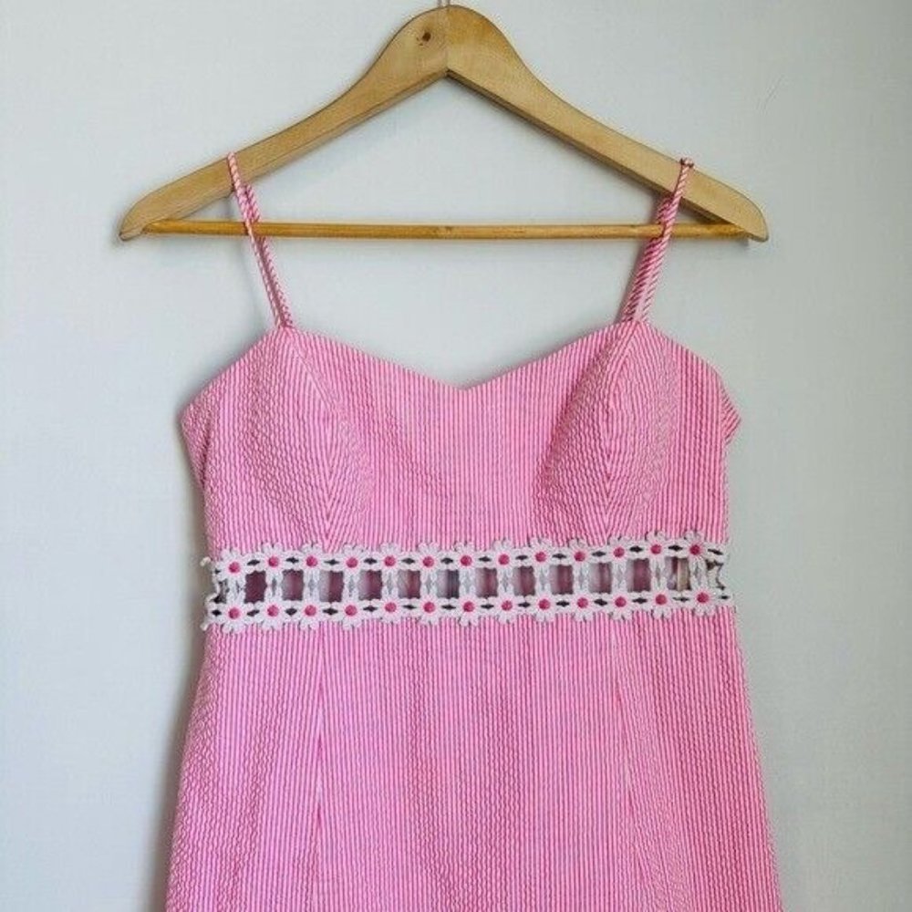 Lilly Pulitzer Pink Seersucker Stripe Sheena Daisy Dress Preppy Size 10 Lined - Picture 5 of 15